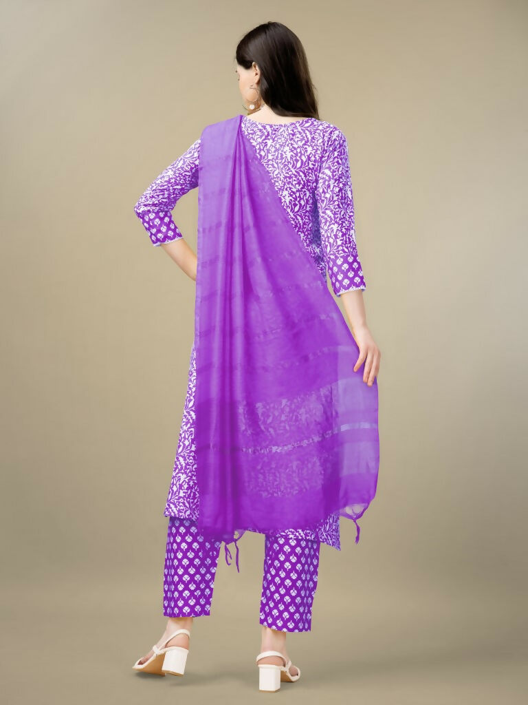 Jyoti Fashion Women's Purple Rayon Embroidery & Sequence work Kurta with Trouser & Dupatta | Grocsy