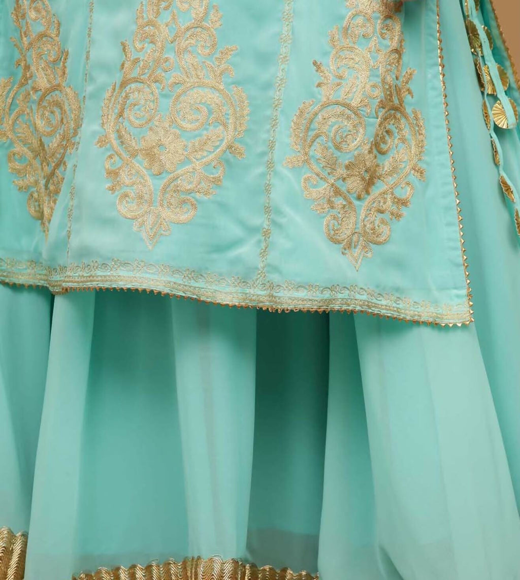 Joban Fashion Turquoise Georgette Lehenga Set | Grocsy