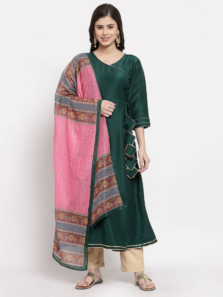 Myshka Women's Green Cotton Solid 3/4 Sleeve V Neck Casual Kurta Dupatta Set | Grocsy