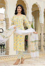 Kaajh Women's Yellow Hand Block Print Suit Set | Grocsy