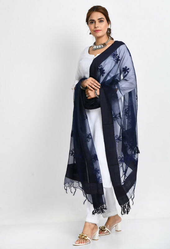 Mominos Fashion Moeza Women's Orgenza All Over Chikan Work Navy Blue Dupatta | Grocsy