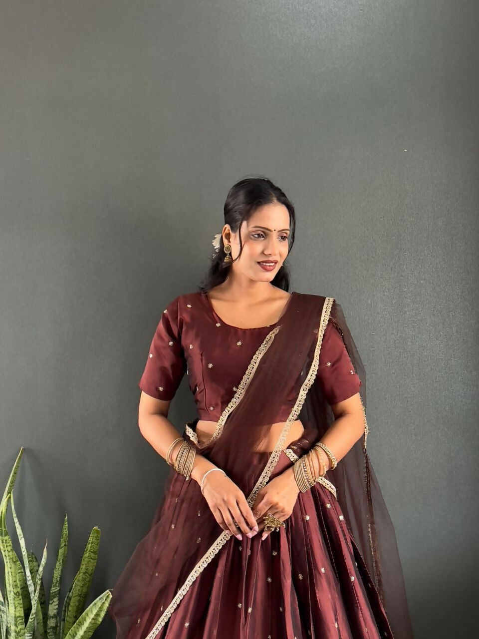Teeya Creation New Trendy Stylist South Style Lehenga Choli Set - Brown | Grocsy