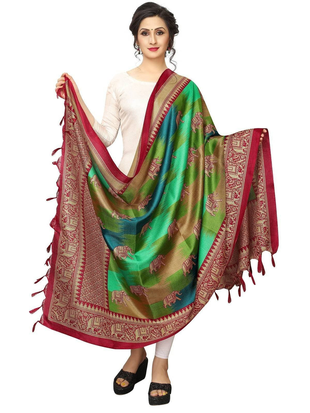 Vamika Red and Peacock Green Printed Khadi Bhagalpuri Dupatta | Grocsy
