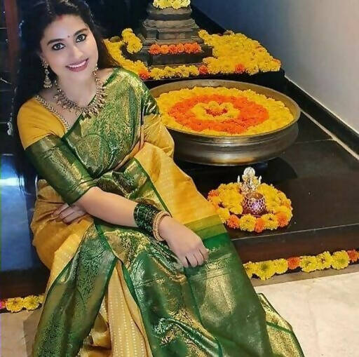 DEIANA'S Beautiful Designer Golden zari Soft Lichi Silk Saree - Yellow | Grocsy
