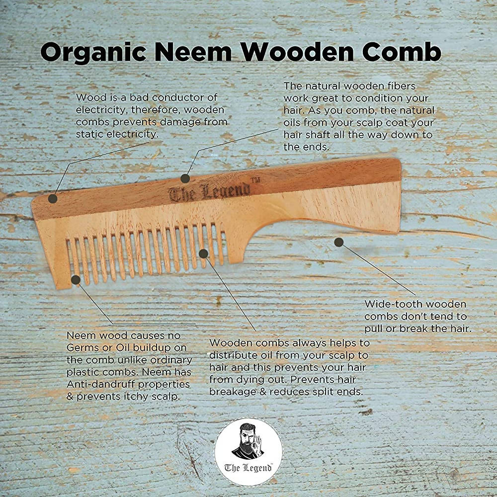 The Legend Organic Pure Neem Wood Comb With Handle | Grocsy