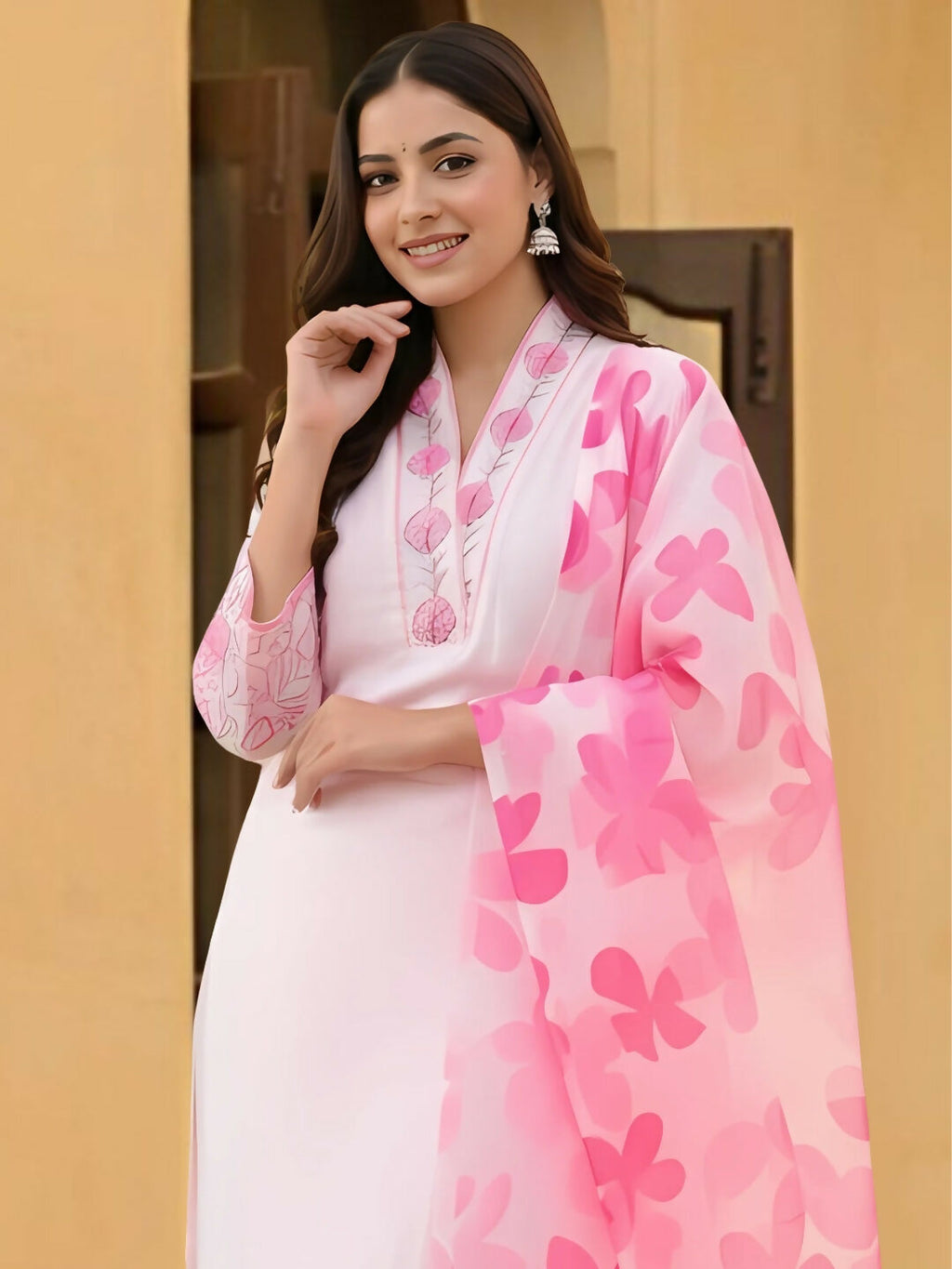 The52 Women's Beautiful Chanderi Fabric Printed Work Straight Kurta Pant and Dupatta Set | Grocsy
