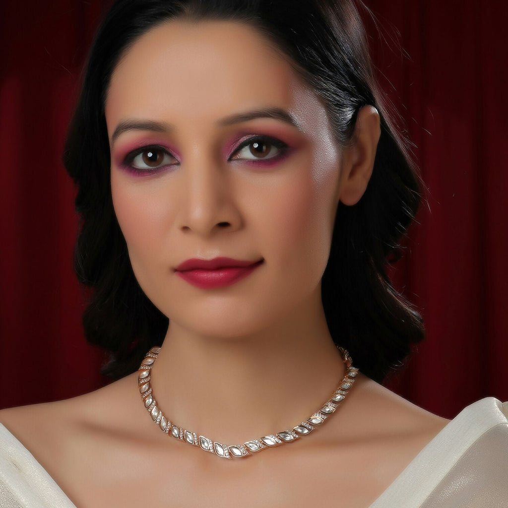 Leaf Shaped Neckpiece in Kundan and American Diamonds (Gold) - Ruby Raang | Grocsy