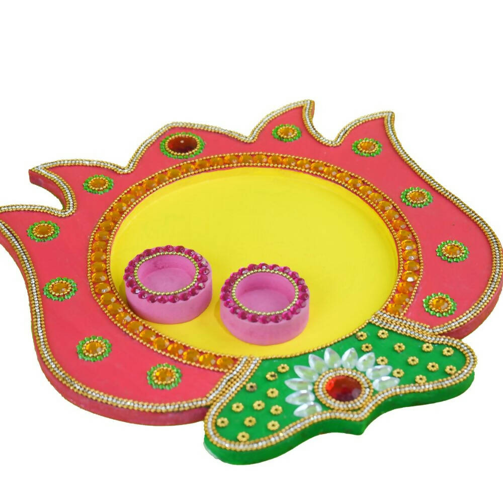 Kundan HandiKrafts Mdf Lotus Pooja Thalis - Pink | Grocsy