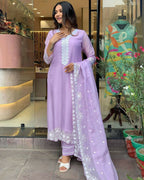 The52 Lavender Women's Gorgeous Embroidered Georgette Fabric Straight Kurta Pant with Dupatta Set | Grocsy