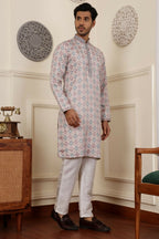 Cream Viscose Woven Jacquard Work Men's Rajwadi Kurta Set - Mahotsav | Grocsy