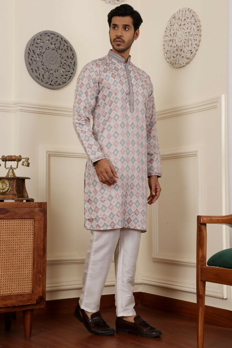 Cream Viscose Woven Jacquard Work Men's Rajwadi Kurta Set - Mahotsav | Grocsy