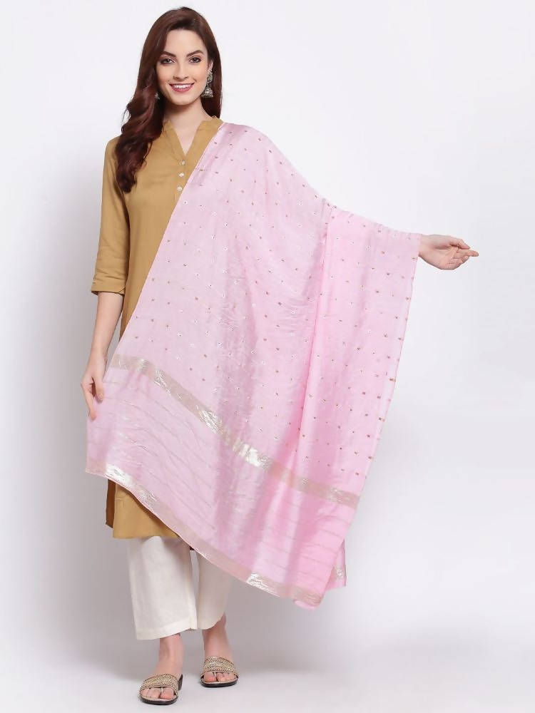 Myshka Women's Pink Cotton Silk Printed Casual Dupatta | Grocsy
