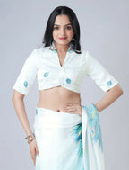 Vastranavya Sky Blue & White Ready to Wear Peacock Print Free Hand Saree | Grocsy