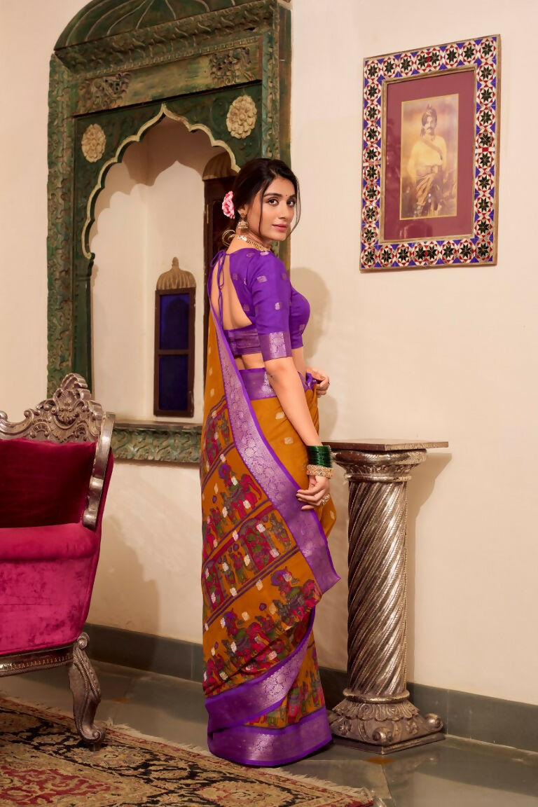 Vastranavya Mustard Poly Cotton Kalamkari Printed Saree with Unstitched Blouse | Grocsy