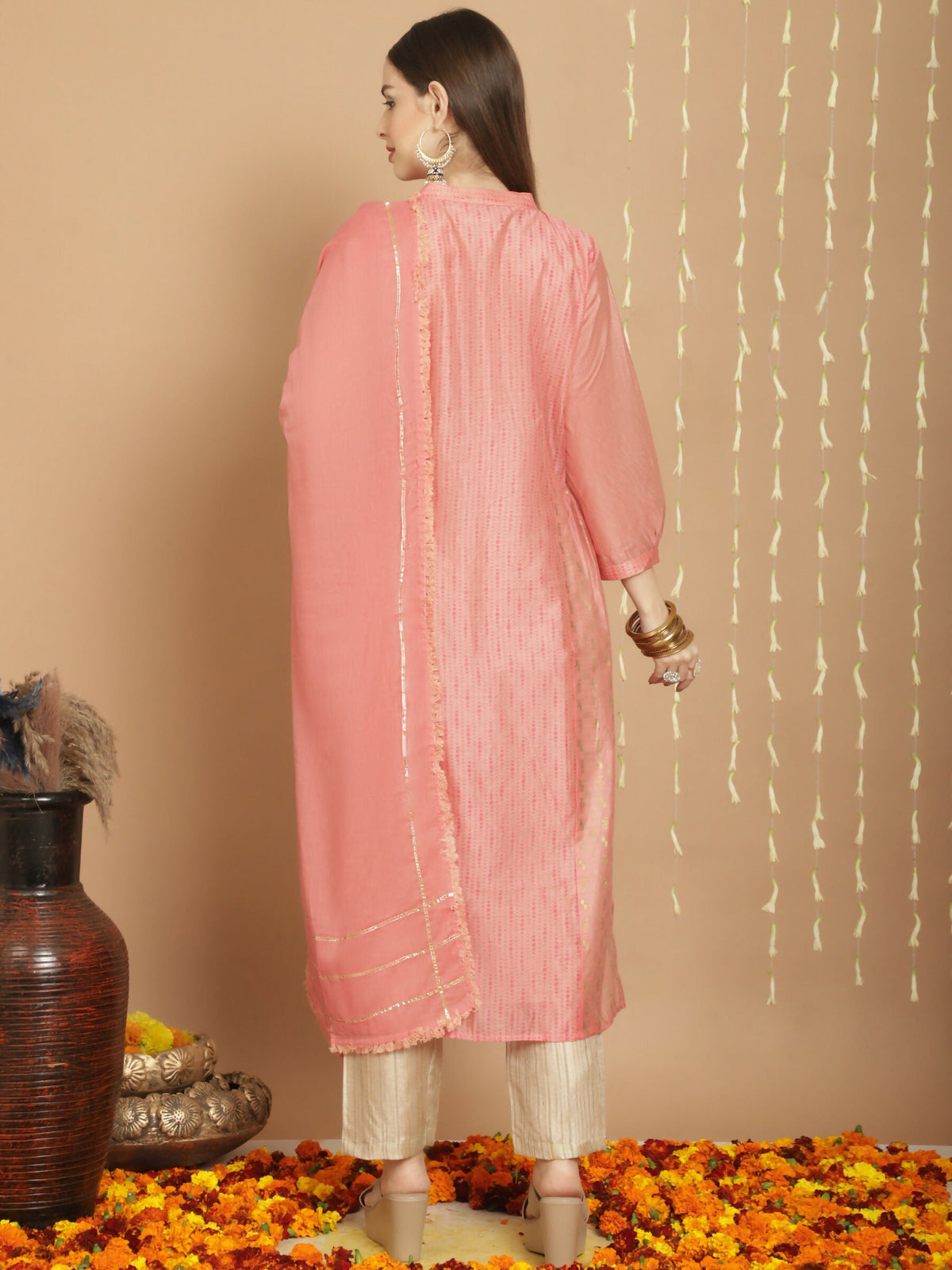Jyoti Fashion Women's Peach Chanderi Silk Elegant Jardoshi Semi Kurta with Trouser & Dupatta | Grocsy