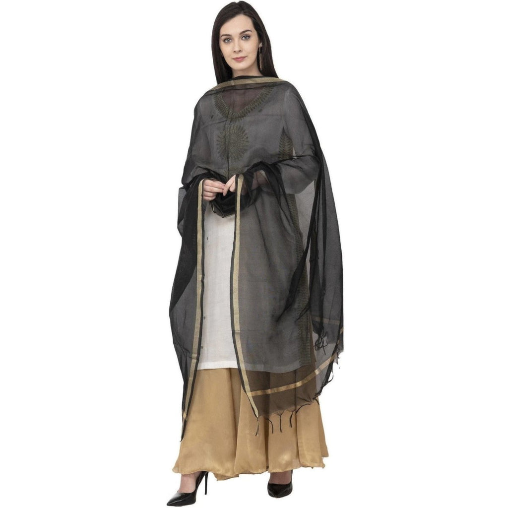 A R Silk Chanderi Piping Regular Dupatta Black Color Dupatta or Chunni | Grocsy