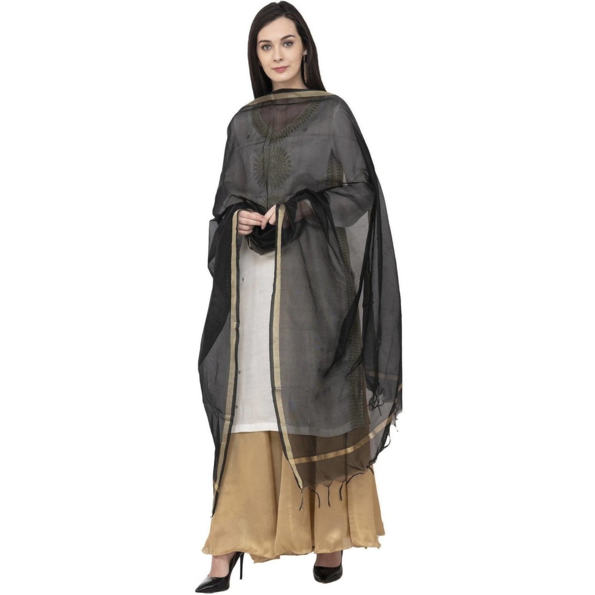 A R Silk Chanderi Piping Regular Dupatta Black Color Dupatta or Chunni | Grocsy
