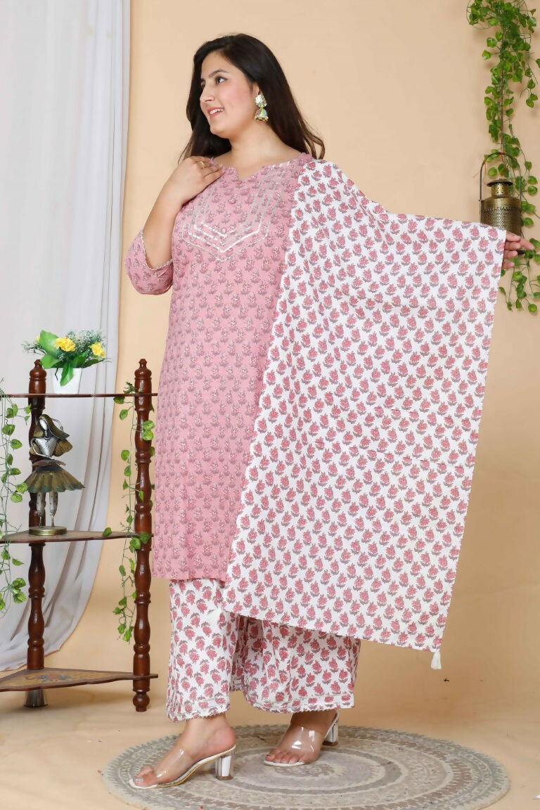 Miravan Women's Plus Size Pink Floral Printed Gotta Patti Pure Cotton Kurta With Palazzo & Dupatta Set | Grocsy