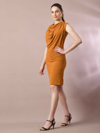 Myshka Women's Mustard Solid Cowl Neck Bodycon Party Dress | Grocsy