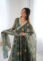 Teeya Creation Green Soft Organza Digital Printed Functional Wear Trending Long Gown | Grocsy