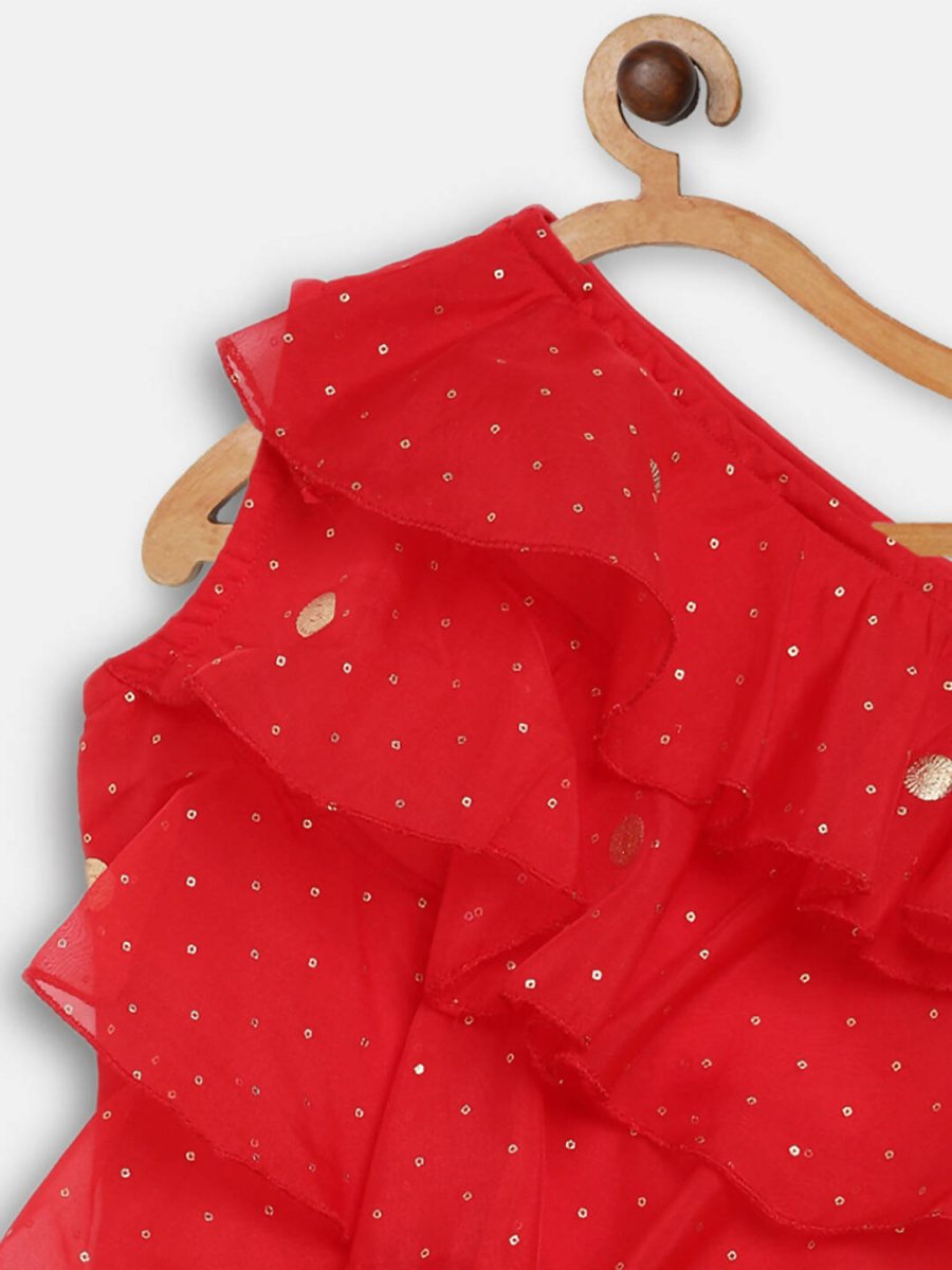 Ahalyaa Red Georgette Ruffel Kids Top With Bottom For Girls | Grocsy