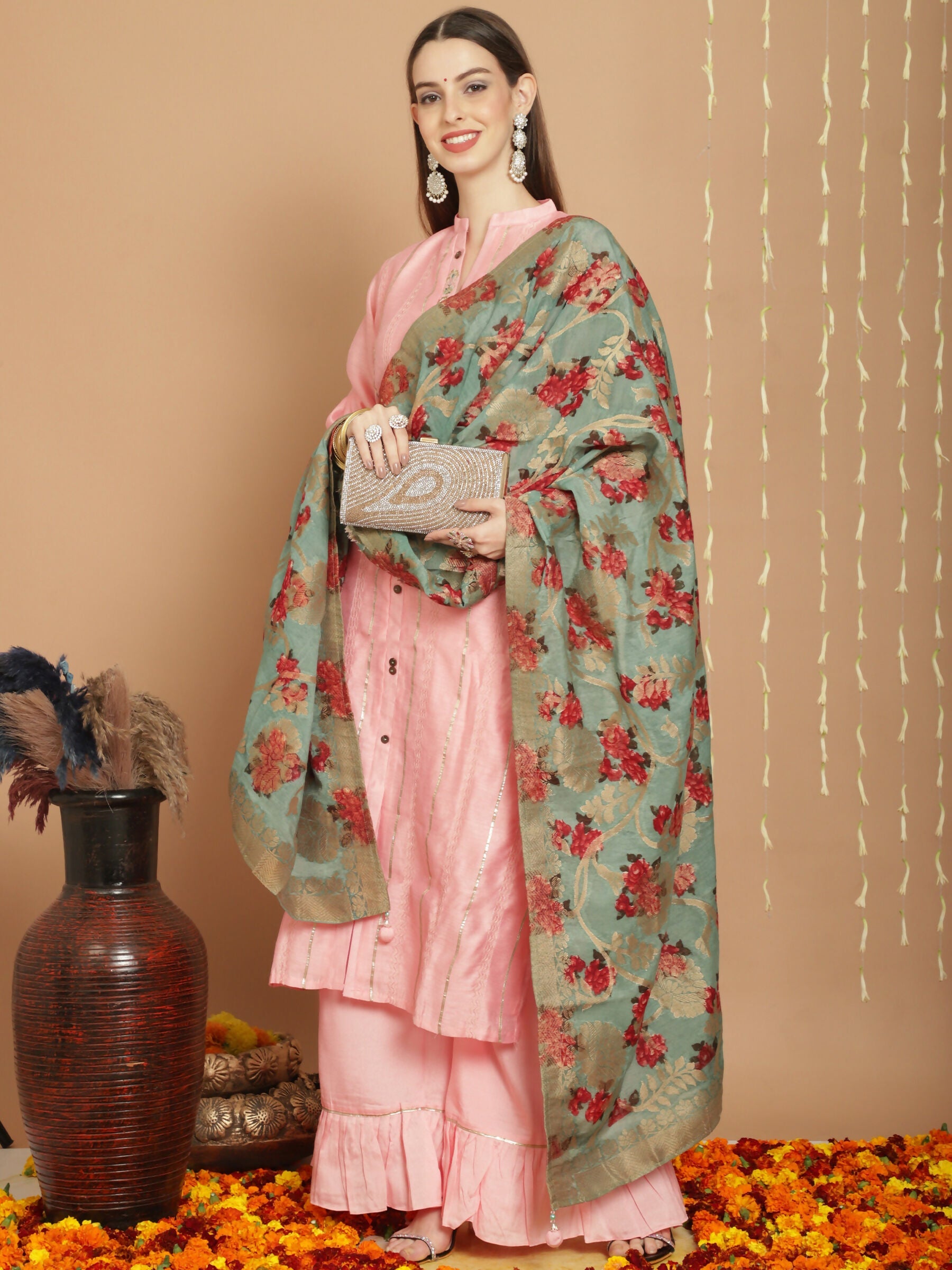 Jyoti Fashion Women's Peach Chanderi Silk Elegant Jardoshi Kurta with Trouser & Dupatta | Grocsy