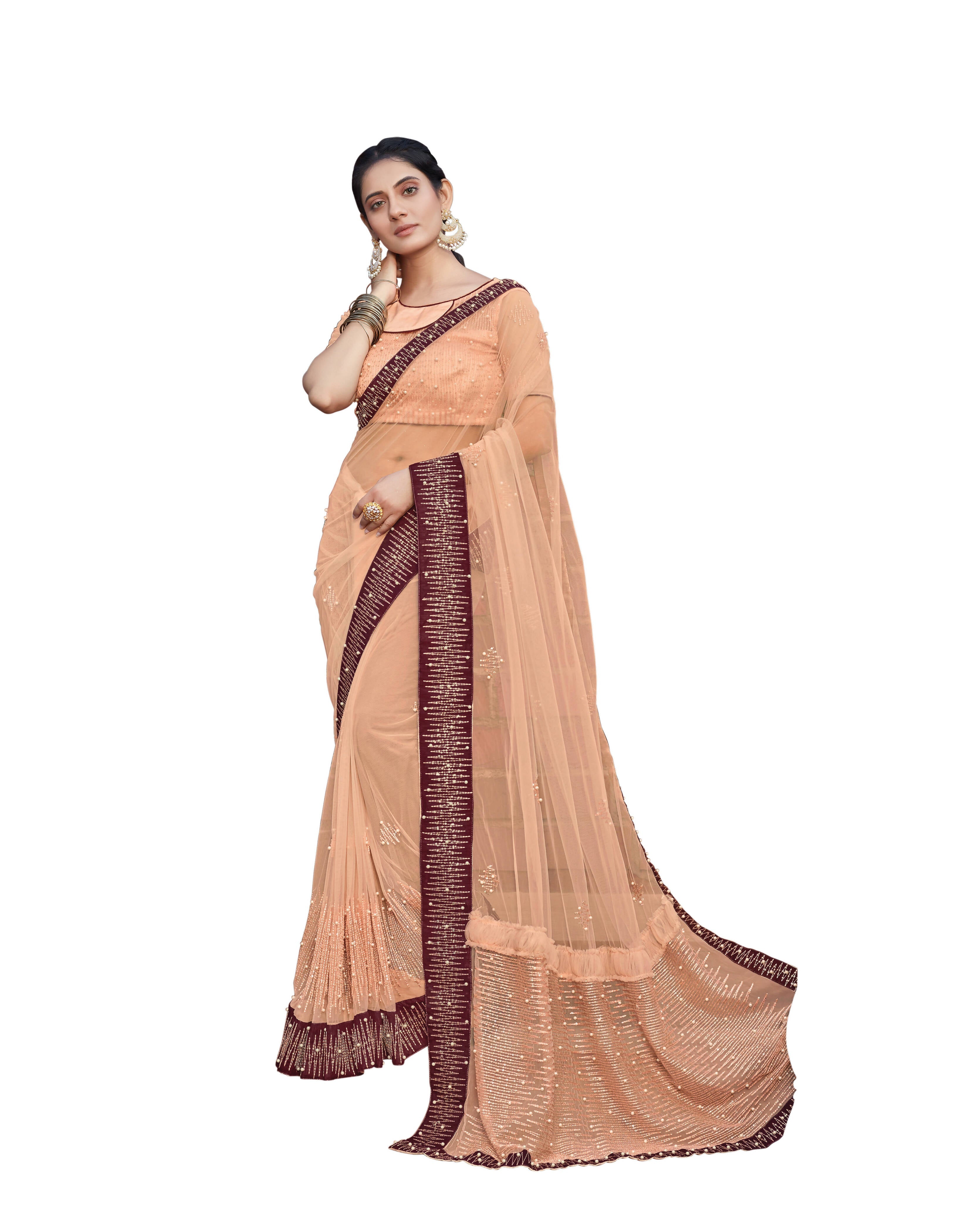 Peach Colored Net Embroidered Saree With Blouse - Norita Royal Adveka | Grocsy