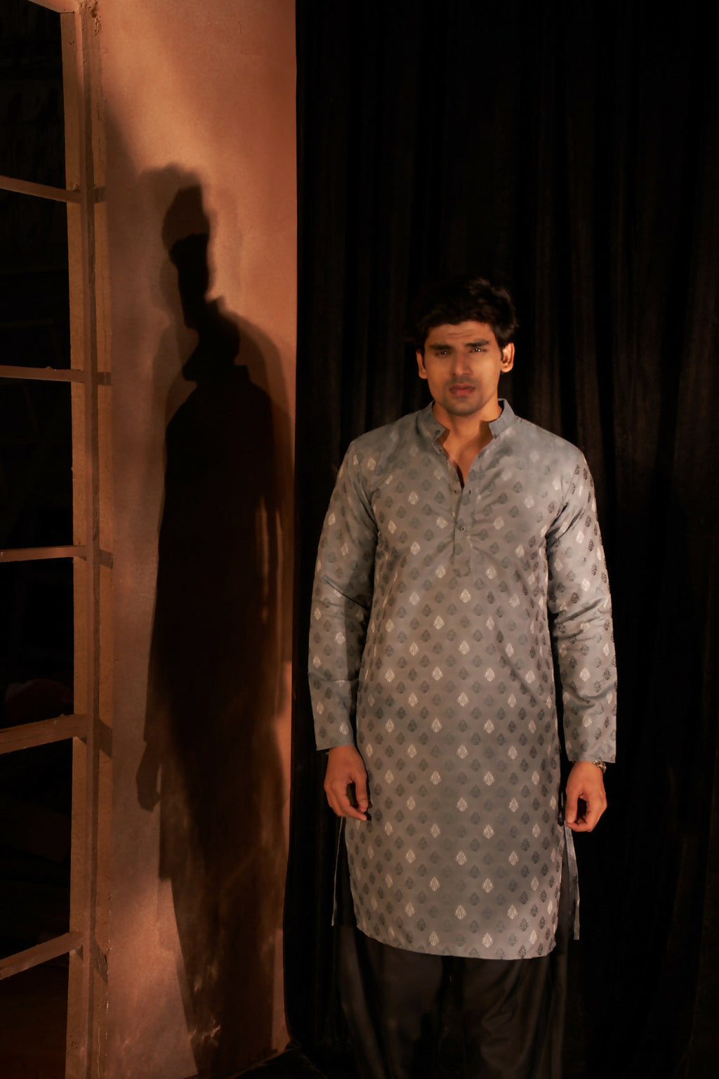 Greyish Blue Viscose Wevon Designer Men's Kurta Set - Mahotsav | Grocsy