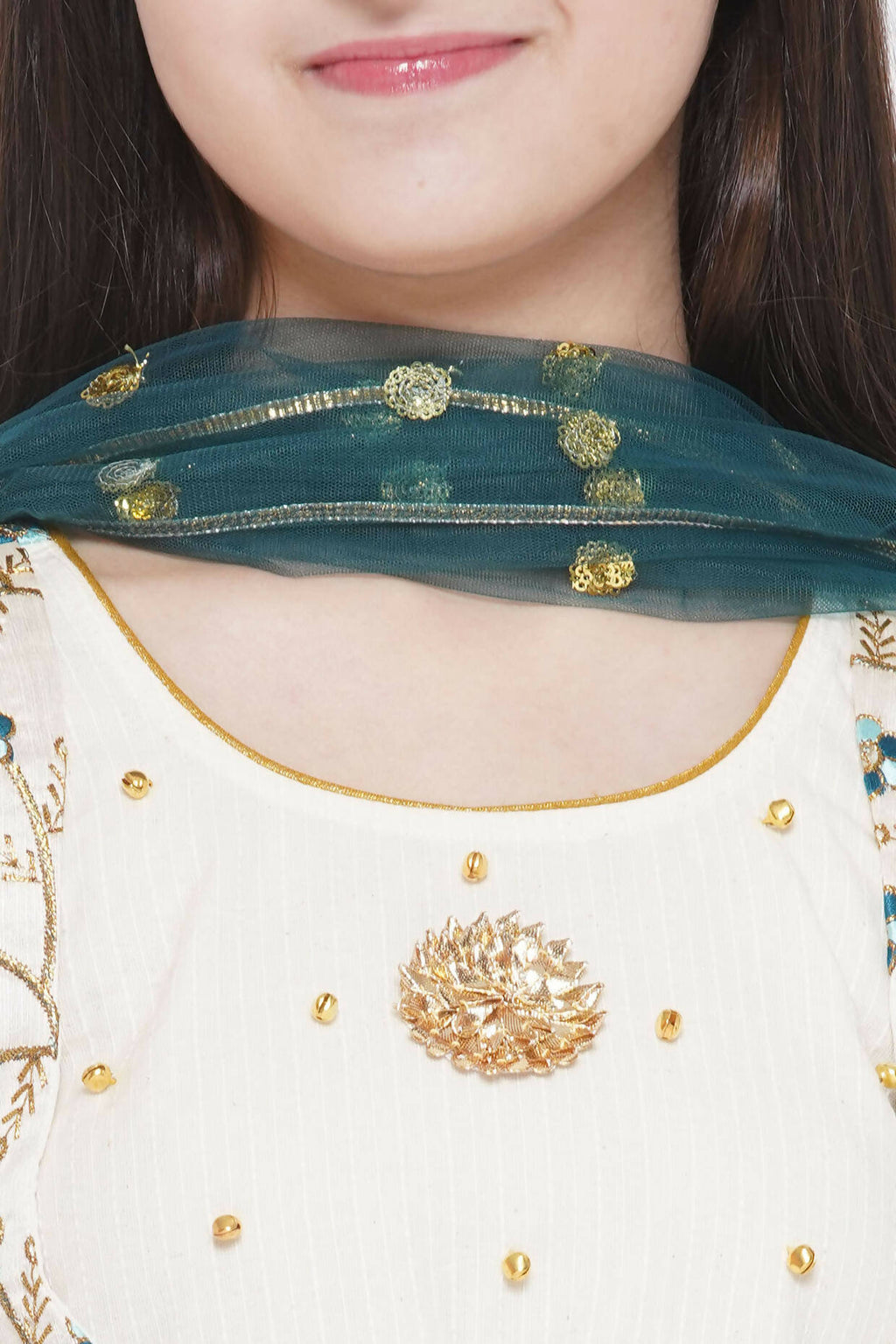 Little Bansi Blue Floral Embroidery Jacket with Cotton Kantha Frock Sharara and Dupatta with Ghungroo Handwork - Cream | Grocsy