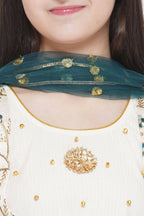 Little Bansi Blue Floral Embroidery Jacket with Cotton Kantha Frock Sharara and Dupatta with Ghungroo Handwork - Cream | Grocsy