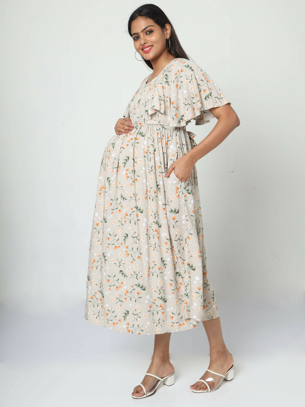 Manet Frill With Sleeves Maternity Dress Floral Print With Concealed Zipper Nursing Access - Cream | Grocsy