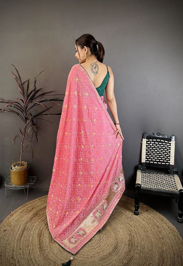 Elora Pink Vichitra Silk Animal Motifs Foil Print Sequence & Zari Embroidery Work Bandhani Saree | Grocsy
