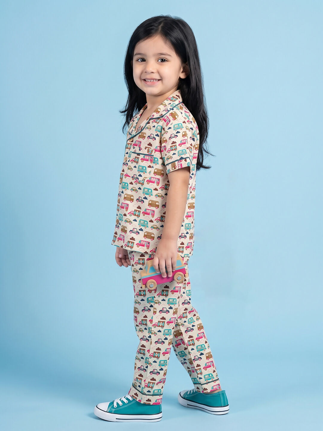 Breathables Woven Cotton Half Sleeves Bus Cars Shirt & Pyjama White | Grocsy