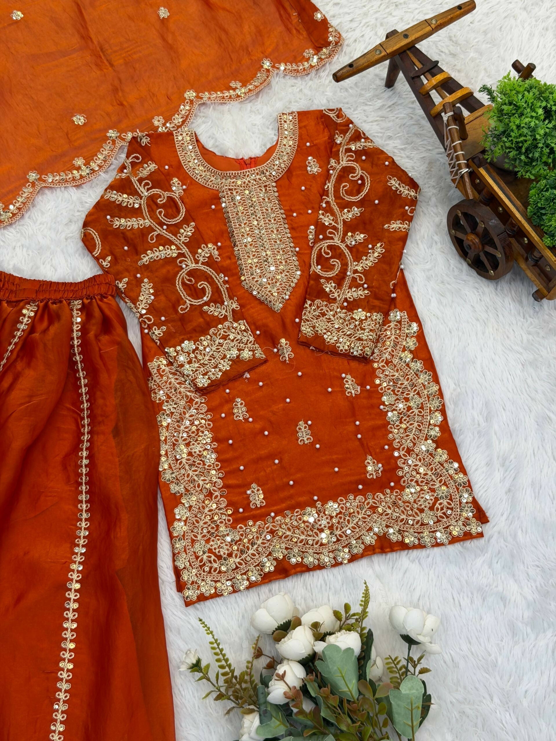Teeya Creation New Trendy Fully Stitched Ready to Wear Kids Kurta Palazzo Set-Orange | Grocsy