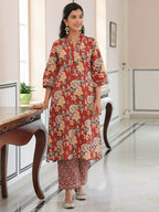 Aramya Straight Kantha Cotton Floral Print Women's Kurta - Red | Grocsy