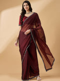 Brown Organza Swaroski Diamond Work Saree with Unstitched Blouse - Radha | Grocsy