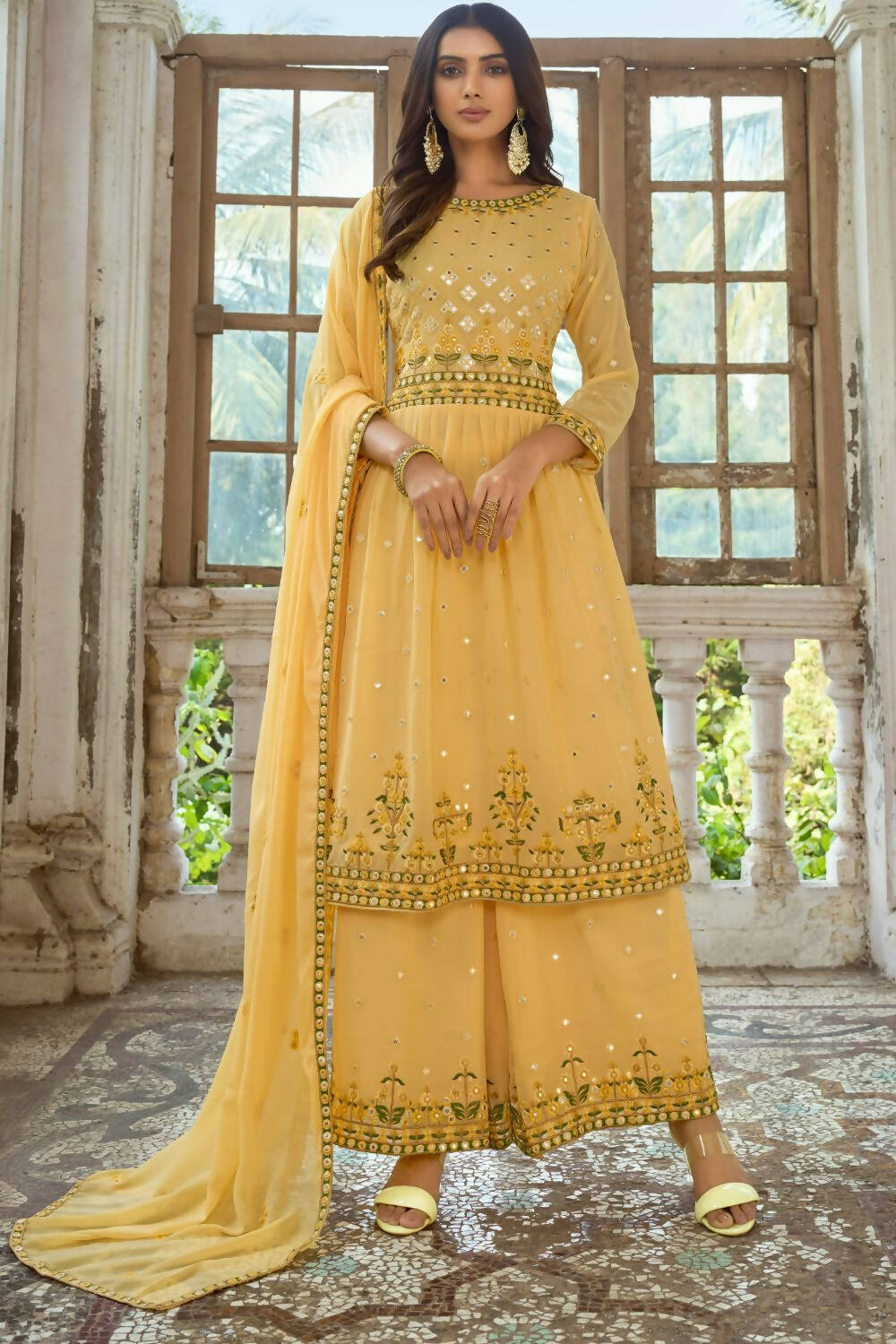 Yellow Heavy Fox Georgette Embroidered Semi Stitched Suit - Dhvani | Grocsy