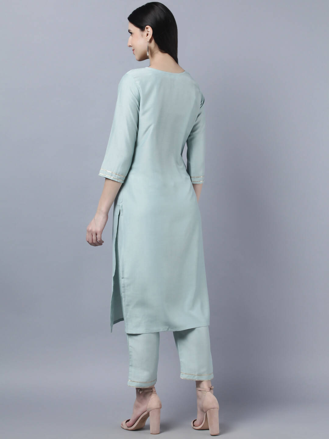 Myshka Women Grey Yoke Design Gotta Patti Kurta with Trousers Dupatta Set | Grocsy