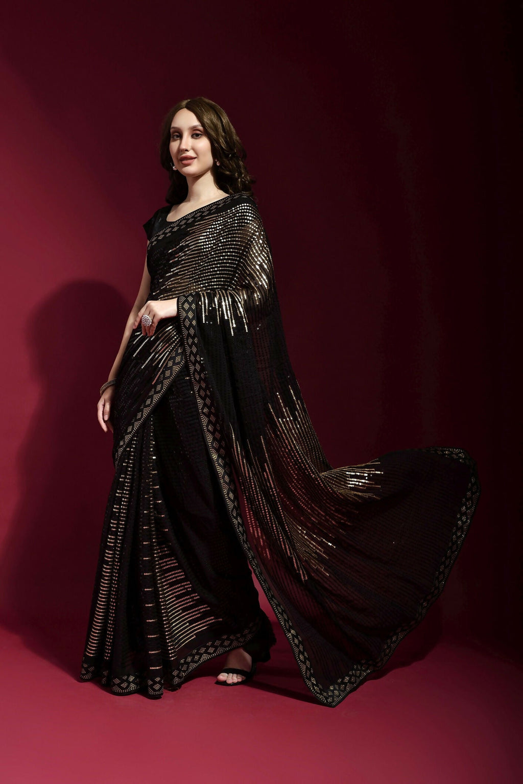Vegaa Fashion Black Georgette Embroidered Party Wear Saree | Grocsy