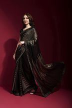 Vegaa Fashion Black Georgette Embroidered Party Wear Saree | Grocsy