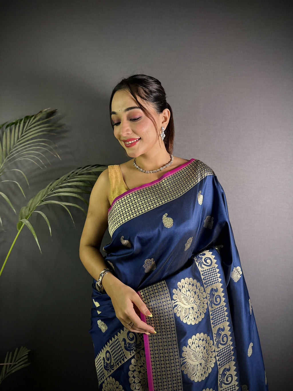 Joban Fashion Navy Blue Banarasi Soft Lichi Silk Paisley Saree | Grocsy