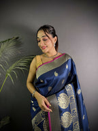 Joban Fashion Navy Blue Banarasi Soft Lichi Silk Paisley Saree | Grocsy