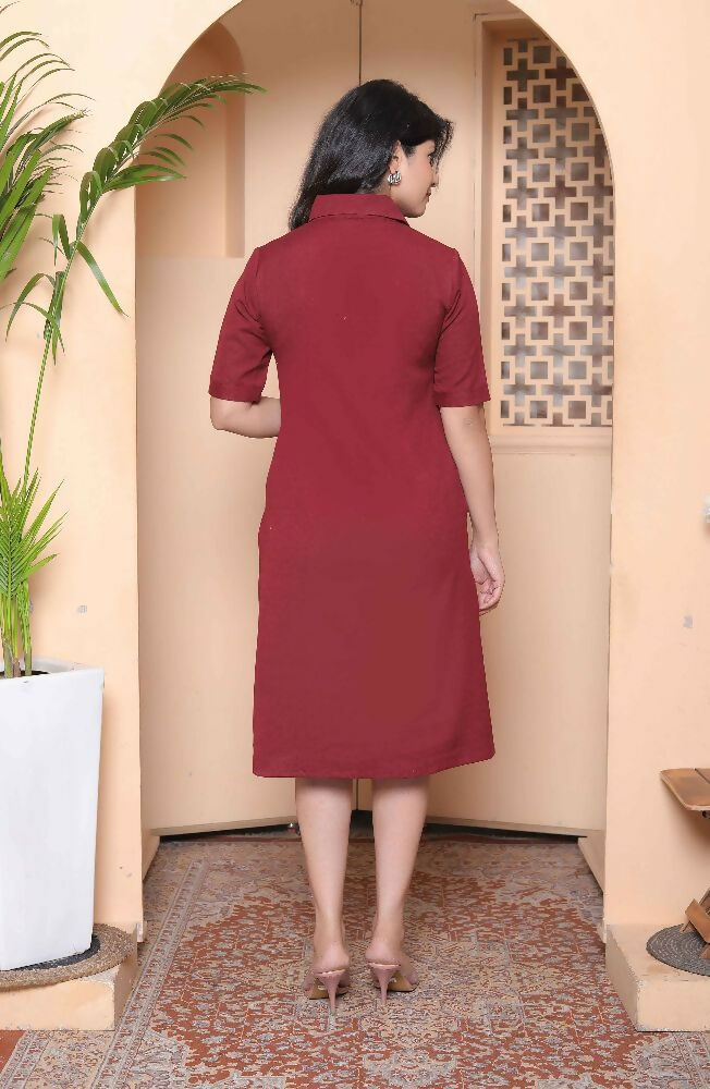 Miravan Womens Maroon Solid A-Line Dress With Belt | Grocsy