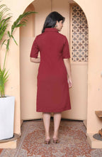 Miravan Womens Maroon Solid A-Line Dress With Belt | Grocsy