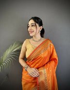 Joban Fashion Orange Butti Woven Soft Lichi Silk Paithani Saree | Grocsy