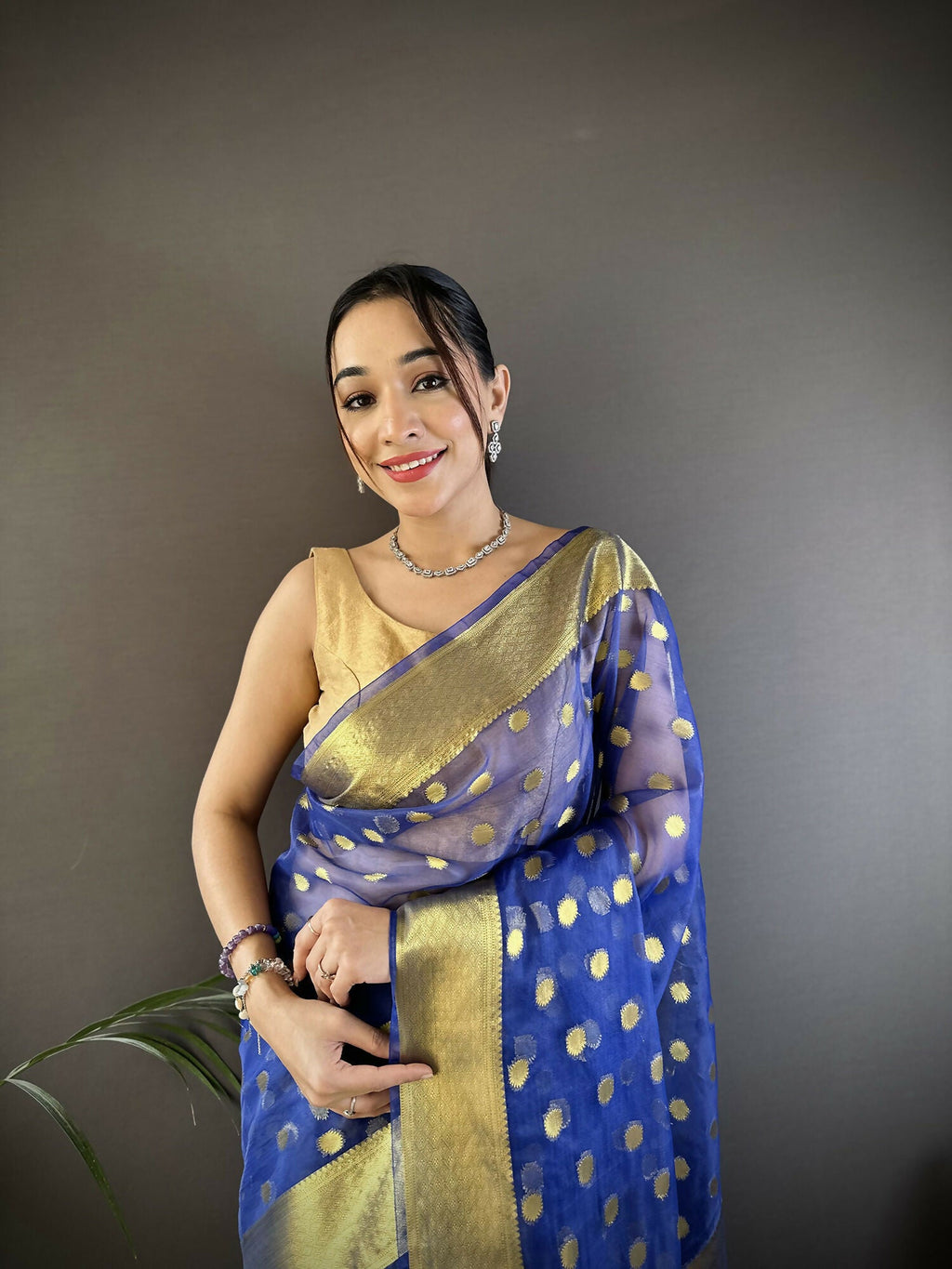 Joban Fashion Royal Blue Polka-Dot Zari Woven Organza Silk Banarasi Silk Saree | Grocsy