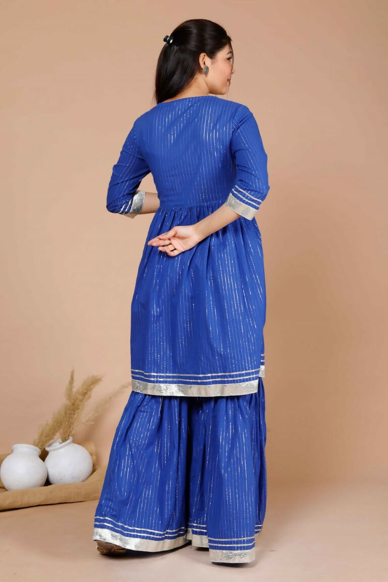 Miravan Women's Blue Printed Pure Cotton A-Line Kurti With Sharara | Grocsy
