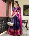 Lorenvalley Navyblue Cotton Silk Weaving Work With Paithani Concept Lehenga Choli | Grocsy