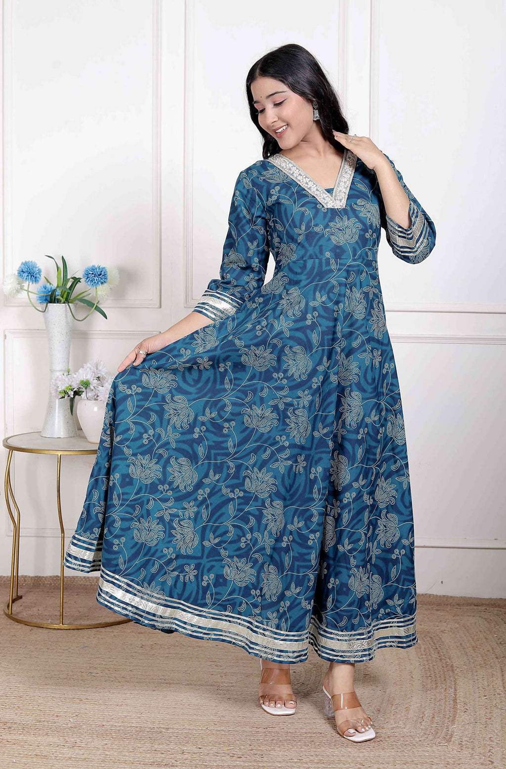 Miravan Women's Blue Cotton Embroidered Neck Anarkali Kurta | Grocsy