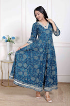 Miravan Women's Blue Cotton Embroidered Neck Anarkali Kurta | Grocsy